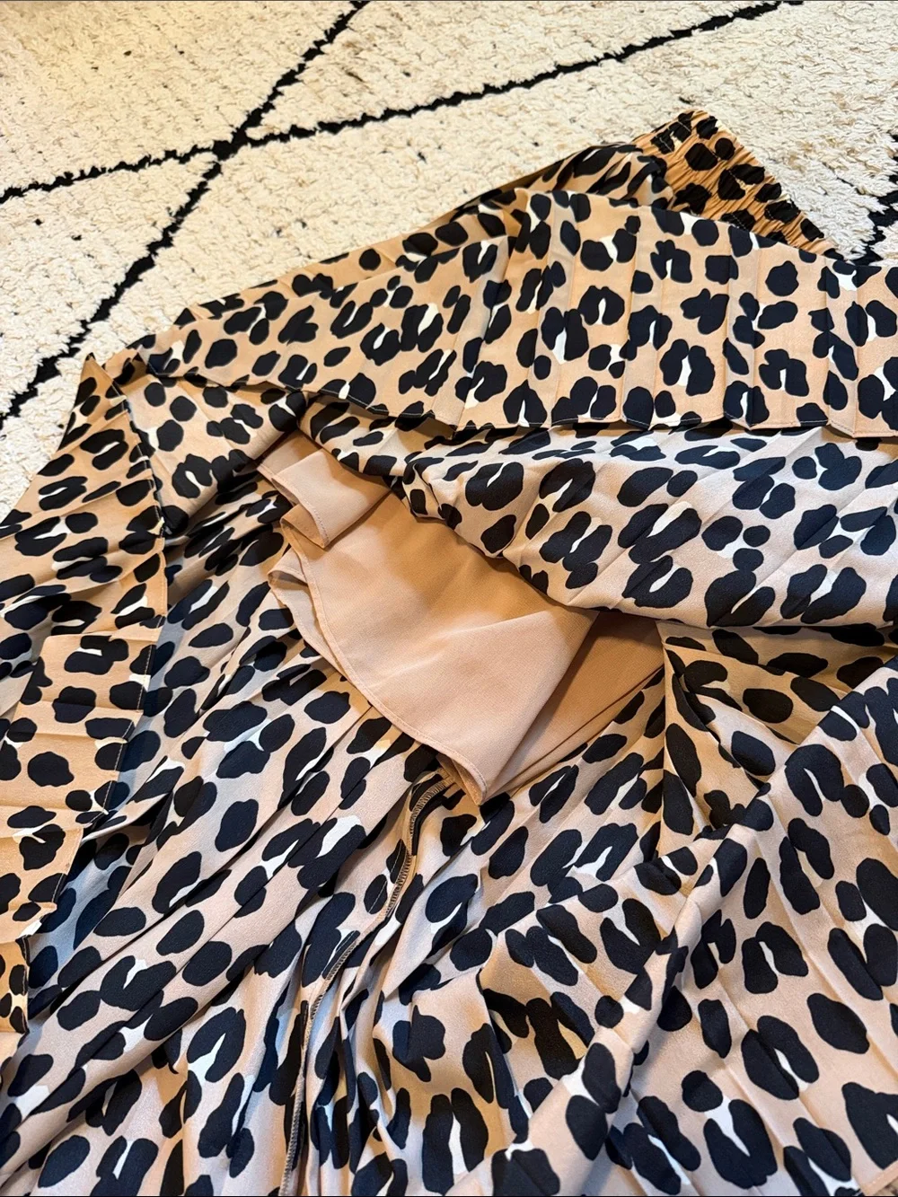 Women’s Leopard Print Pleated Midi Skirt Set- skirt and shirt - Black on Tan